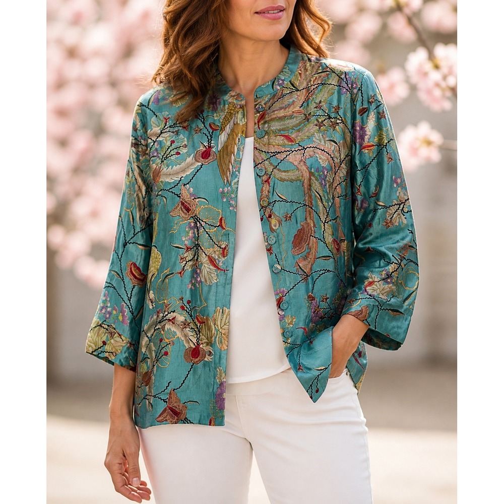Citron Santa Monica Sz M Blue Silk Linen Blend Embroidered Kimono Jacket Asian